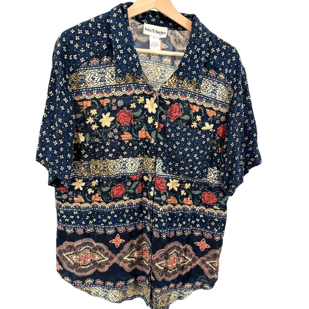 Vintage 90s Norton McNaughton Navy Blue Floral Paisley Short Sleeve Shirt